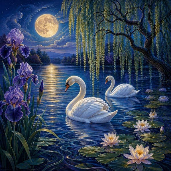 Swans and Irises jigsaw puzzle — A decorative moonlit lake with swans, irises, willow and water lilies.