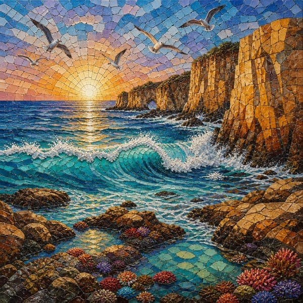 Mosaic Sea Cliffs jigsaw puzzle — Waves, cliffs and tide pools assembled tessera by tessera at sunrise.
