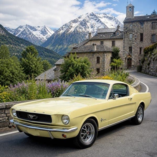 1965 Mustang Fastback jigsaw puzzle — Pale yellow fastback on a mountain road below a stone chateau.