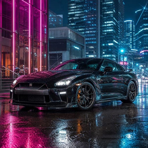 Nissan GT-R at Night jigsaw puzzle — A black Nissan GT-R reflected in wet asphalt under pink and cyan neon.