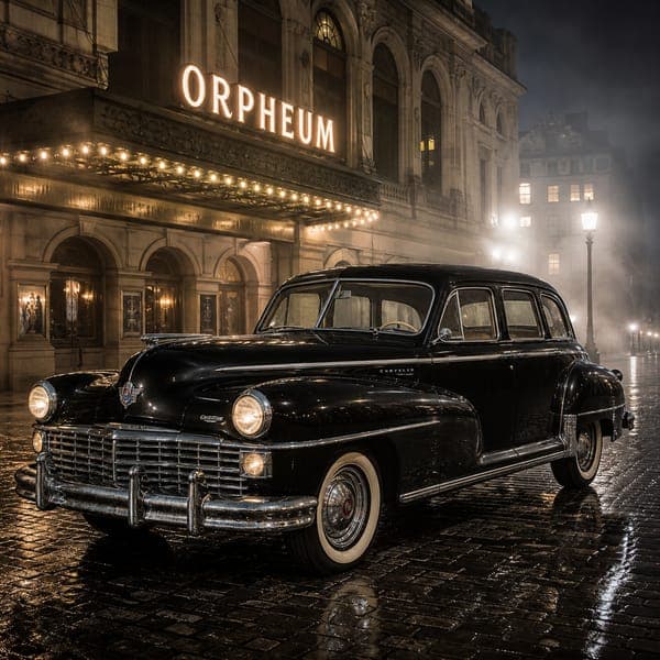 1948 New Yorker jigsaw puzzle — A black sedan gleaming on a rainy street beneath a lit theatre marquee.