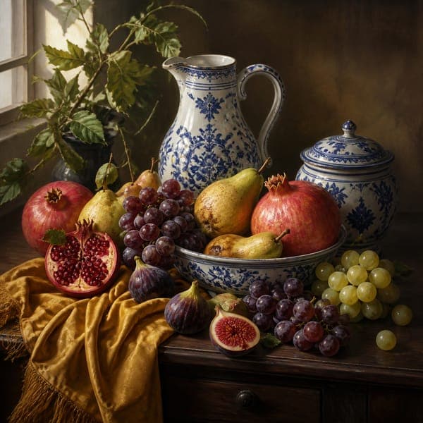 Pomegranates and Blue Ceramic jigsaw puzzle — A classical still life of split pomegranates, figs and grapes beside blue-and-white china.