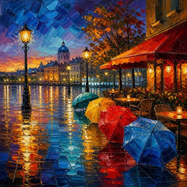 Umbrellas at Twilight jigsaw puzzle — An expressive twilight plaza, coloured umbrellas doubled in the wet stone.