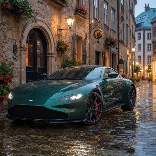 Aston Martin Vantage jigsaw puzzle — A deep green Aston Martin Vantage on cobbles outside an old European doorway.