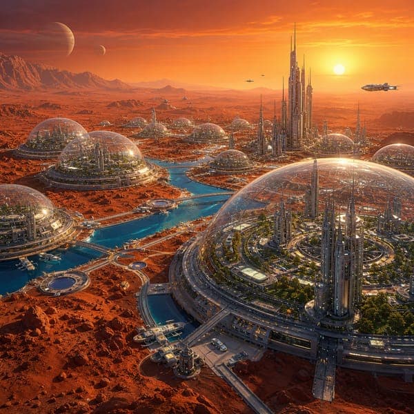 Red Planet Domes jigsaw puzzle — A domed city of gardens and blue canals on a red desert world at sunset.