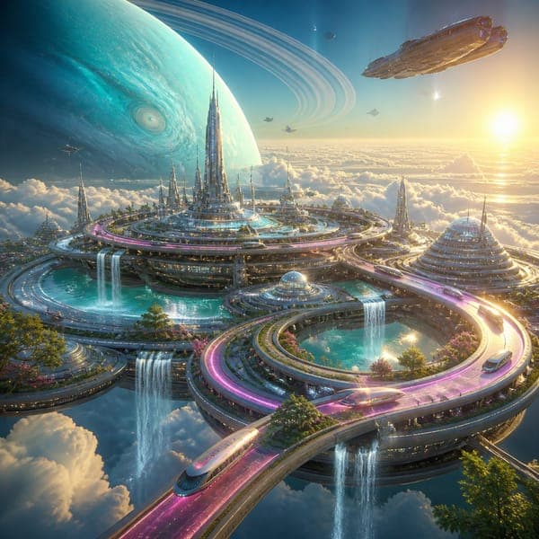 The Ring City jigsaw puzzle — A floating ring city with hanging gardens and cloud waterfalls above a turquoise gas giant.