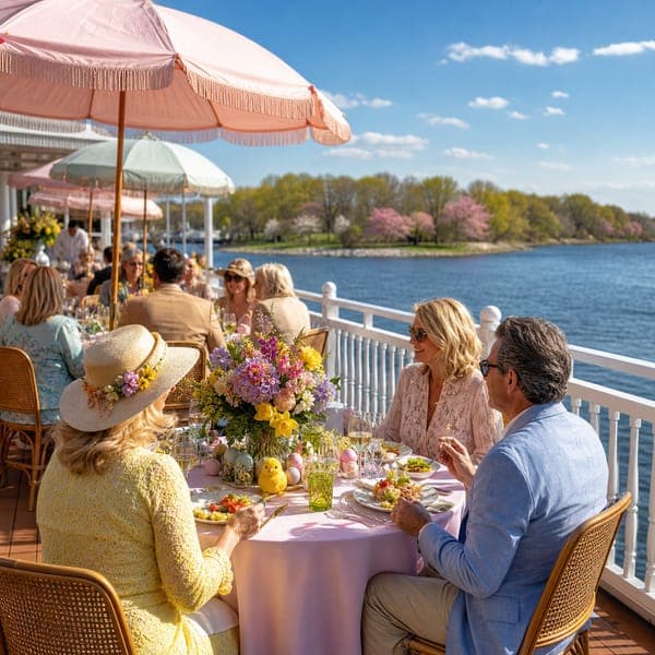 Riverboat Easter Lunch jigsaw puzzle — A flower-filled Easter lunch on a riverboat deck in the sun.