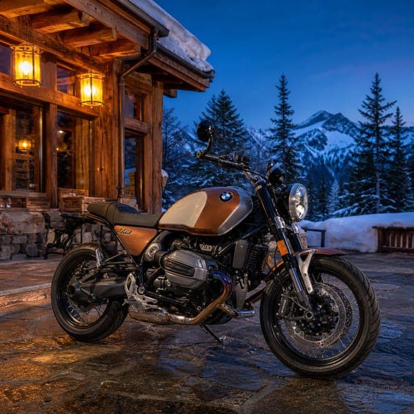 Roadster at the Lodge jigsaw puzzle — A bronze roadster outside a snowy timber lodge, windows glowing.