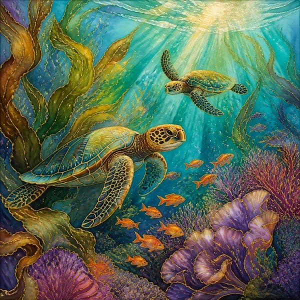 Silk Sea Turtles jigsaw puzzle — Sea turtles gliding through a luminous silk-painted underwater garden.