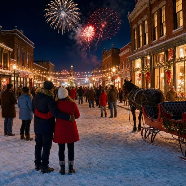 Snowy Town Square jigsaw puzzle — A small town square glowing through the snow on New Year's night.