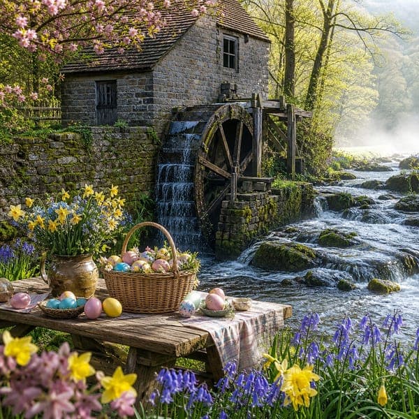 The Spring Watermill jigsaw puzzle — A historic watermill turning between banks of bluebells and daffodils.