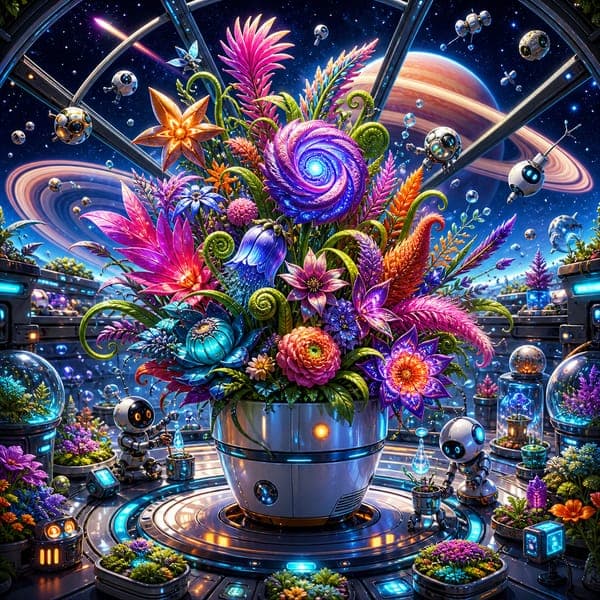 Starship Conservatory jigsaw puzzle — Neon alien blooms and small robots under a dome, a ringed planet outside.