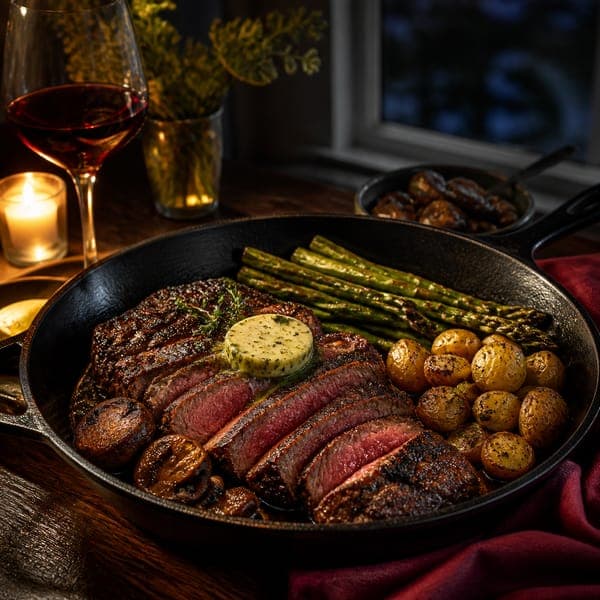 Steak Dinner for Two jigsaw puzzle — Seared steak with herb butter, asparagus and candlelight.