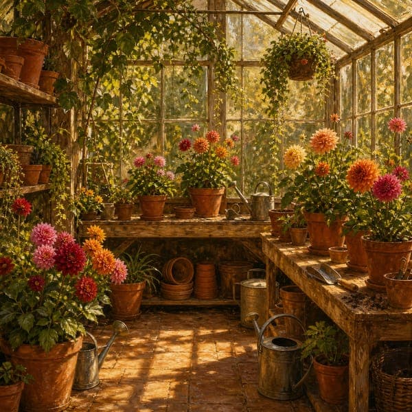 The Greenhouse jigsaw puzzle — A warm oil-painted greenhouse crowded with dahlias, clay pots and old tools.