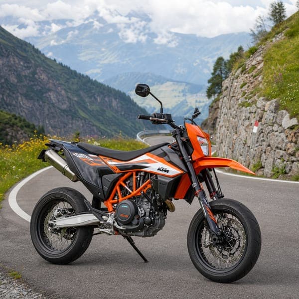 Supermoto, Alpine Hairpin jigsaw puzzle — An orange supermoto leaned into a hairpin high above the valley.