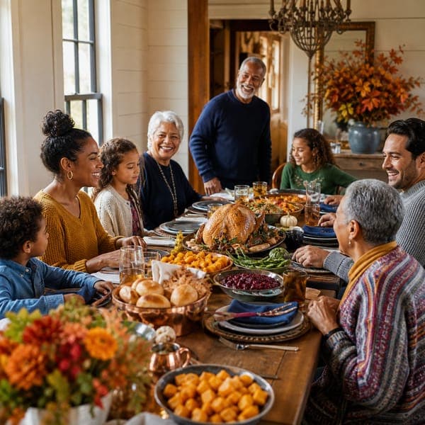 Thanksgiving Dinner jigsaw puzzle — The farmhouse table at full strength, three generations deep.