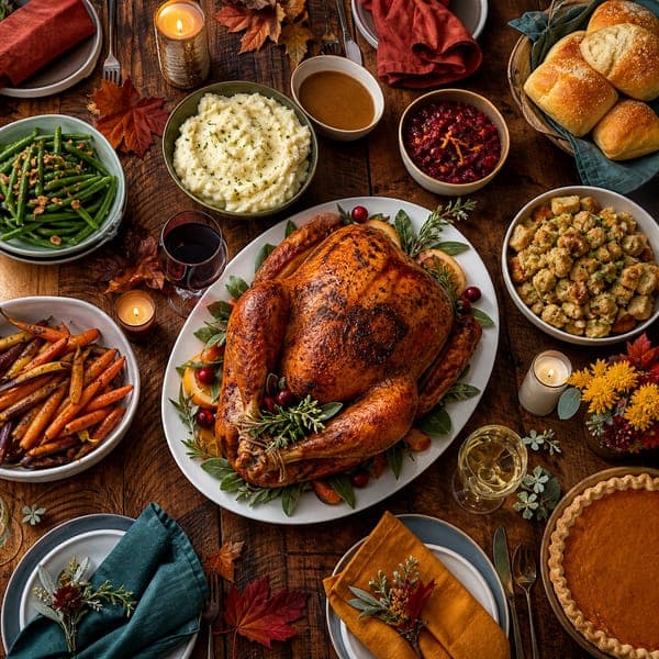 The Thanksgiving Feast jigsaw puzzle — The whole feast from above — turkey, sides, pies and all.