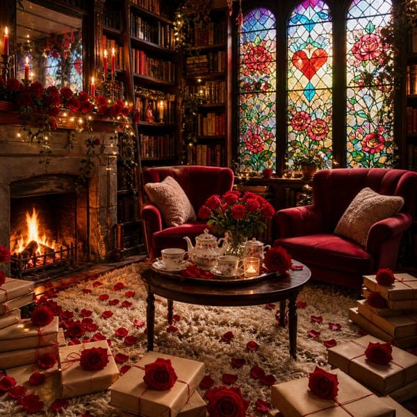 The Reading Nook jigsaw puzzle — A fireplace reading nook with roses, stained glass and two chairs.