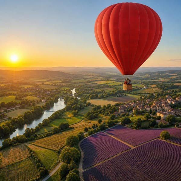The Red Balloon jigsaw puzzle — A red balloon drifting over lavender fields and a winding river.
