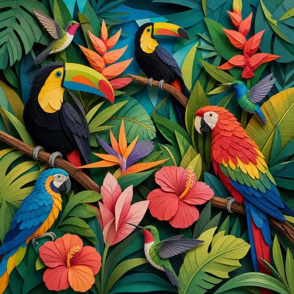 Paper Toucans jigsaw puzzle — Toucans, macaws and hibiscus built from layers of cut paper.