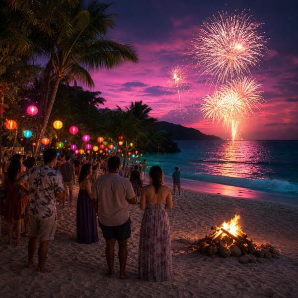 Tropical New Year jigsaw puzzle — Lanterns and fireworks over a warm-water beach at sunset's last light.