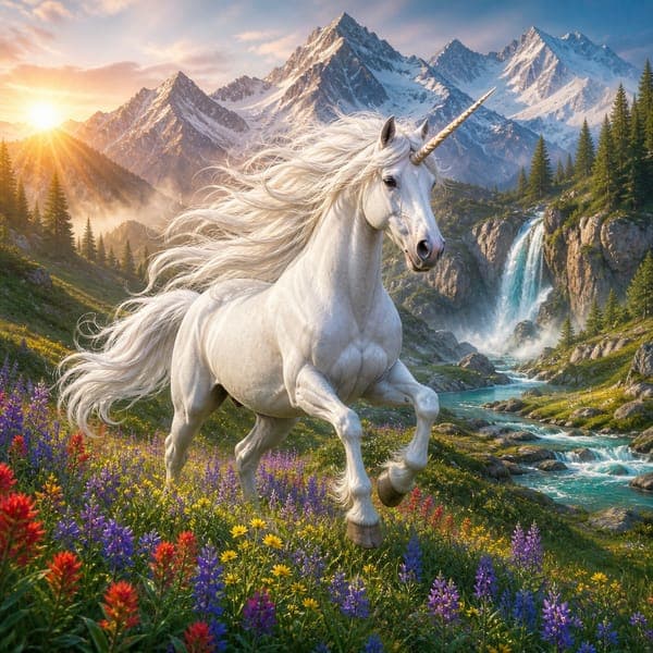 Unicorn at the Falls jigsaw puzzle — A white unicorn galloping through alpine wildflowers beside a turquoise waterfall at sunrise.