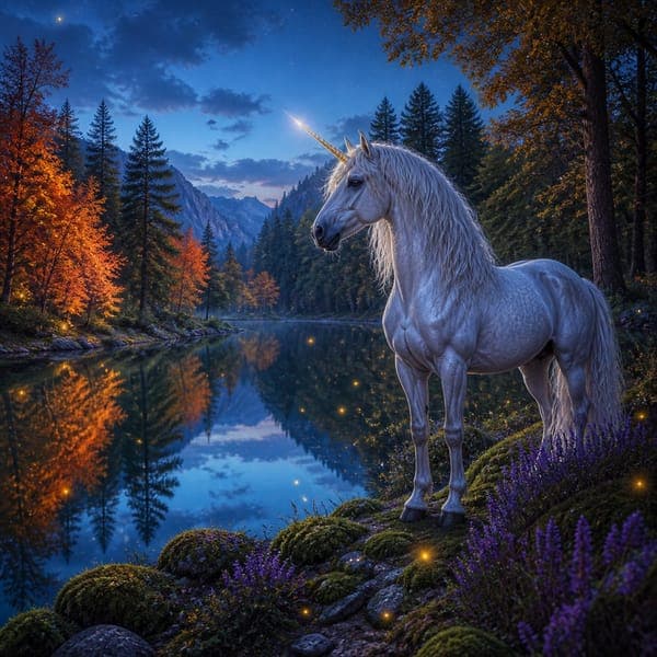 Unicorn at the Autumn Lake jigsaw puzzle — A silver unicorn on a still forest lake in full autumn colour, fireflies rising.