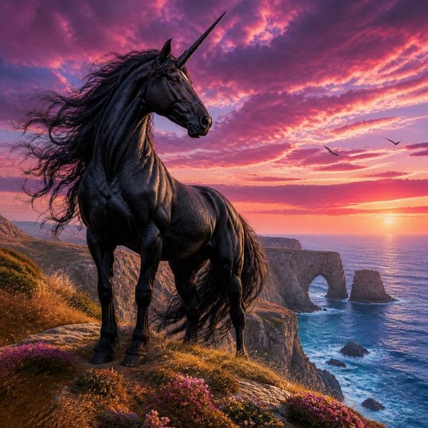 The Black Unicorn jigsaw puzzle — A black unicorn on golden sea cliffs beneath a vivid magenta sunset.