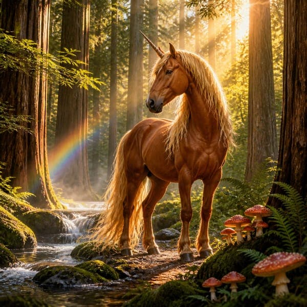 Unicorn in the Redwoods jigsaw puzzle — A chestnut unicorn in a sunlit redwood grove with mushrooms, a stream and rainbow mist.