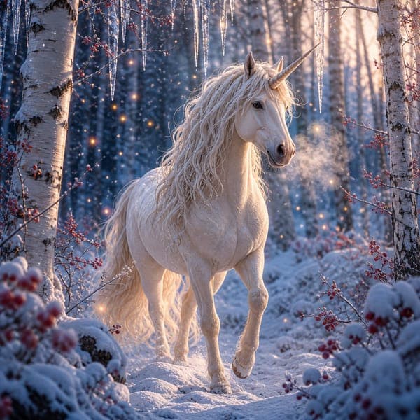 Unicorn in the Birches jigsaw puzzle — A cream unicorn stepping through snowy birches hung with icicles and winter berries.