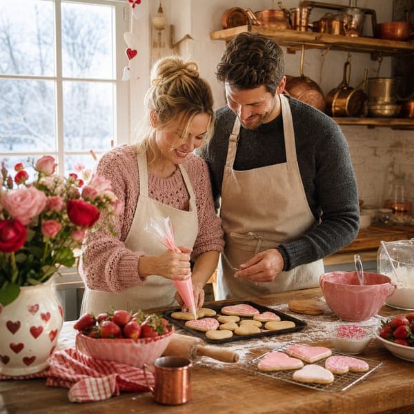 Valentine Cookie Baking jigsaw puzzle — A couple cutting heart cookies in a farmhouse kitchen.