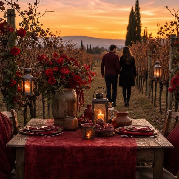 Vineyard at Sunset jigsaw puzzle — A lantern-lit table waiting at the end of a vineyard row.