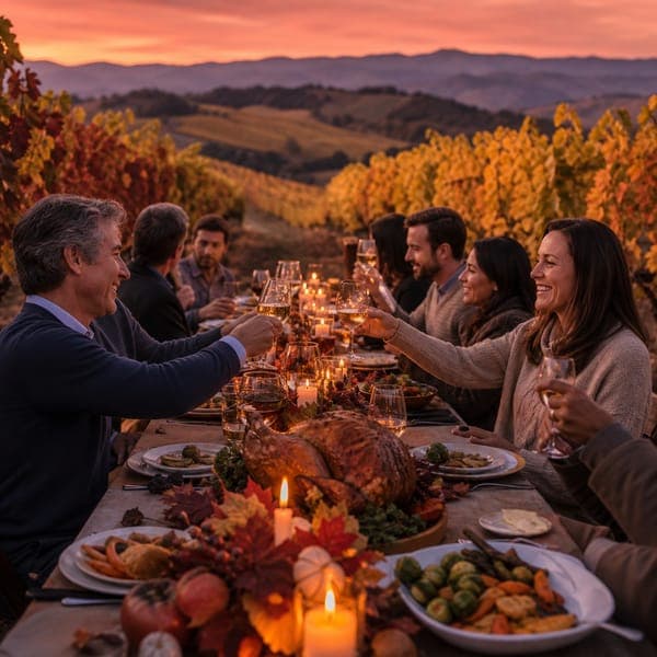 Vineyard Thanksgiving jigsaw puzzle — A long sunset table set between the harvest-gold vines.