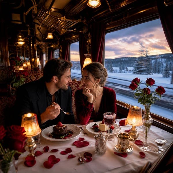 The Vintage Dining Car jigsaw puzzle — Dessert for two aboard a vintage train crossing the winter hills.