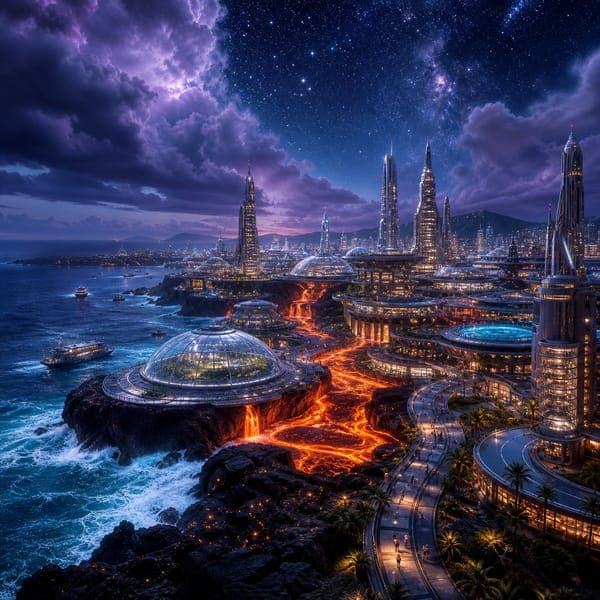 Volcanic Island City jigsaw puzzle — Glass domes across black basalt islands, lava channels and purple sky.