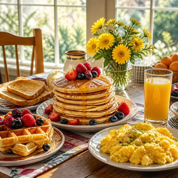 Weekend Breakfast Table jigsaw puzzle — Pancakes, waffles, berries and morning sun at a window table.