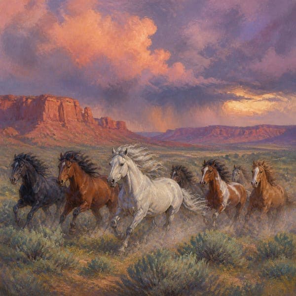 Wild Horses jigsaw puzzle — Pastel horses running beneath a desert storm, mesas glowing behind them.