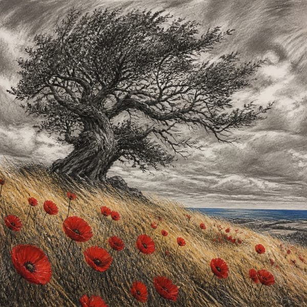 The Windswept Oak jigsaw puzzle — A charcoal oak bent by decades of wind, red poppies burning at its foot.
