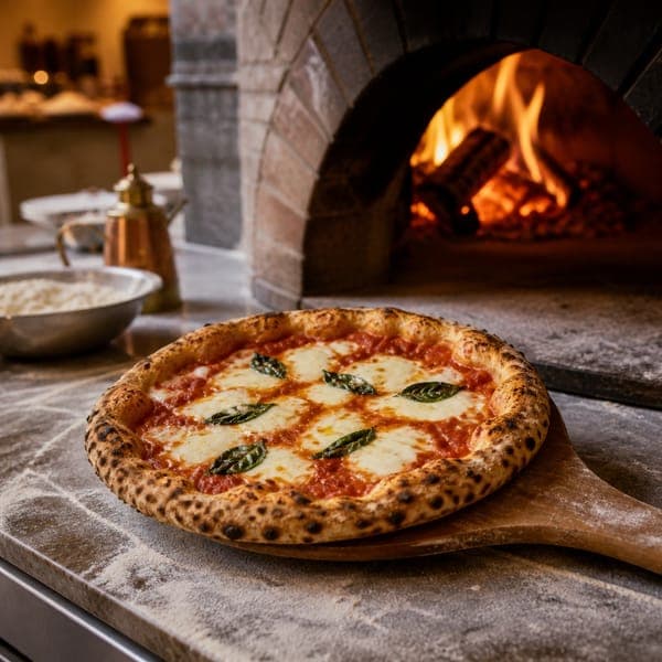 Wood-Fired Margherita jigsaw puzzle — A blistered margherita resting on the peel beside the glowing oven.