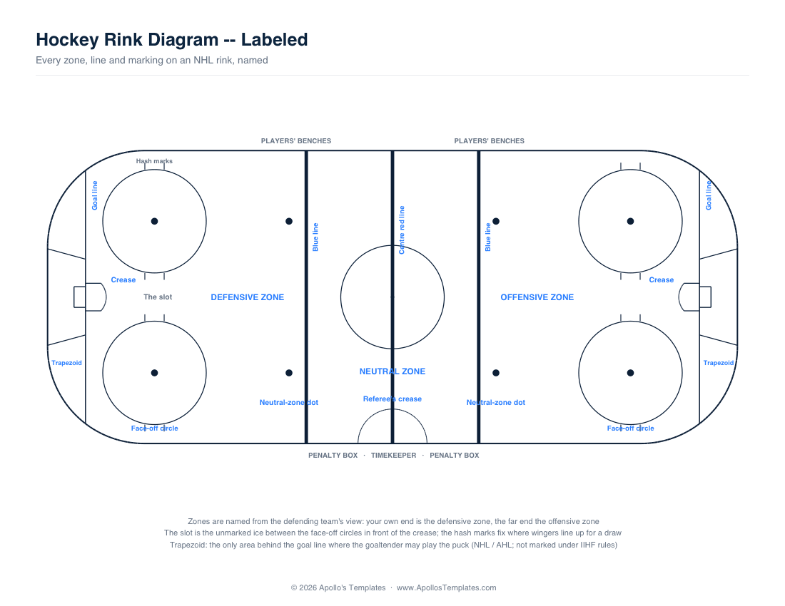 Labeled NHL hockey rink diagram showing the centre red line, blue lines, goal lines, face-off circles and dots, creases, the slot and the trapezoid