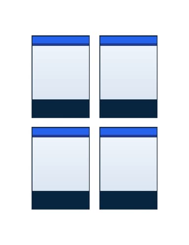 Four identical blank trading cards printed 2x2 on one US Letter sheet, each 2.5 by 3.5 inches with the photo above a name and details bar