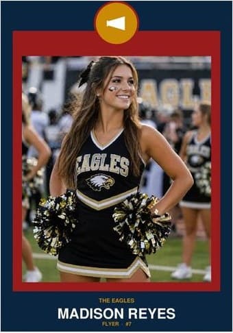 Cheerleading card in the Circle Badge design — a round sport badge centered at the top, the photo in a bordered frame below, and the name and position centered underneath