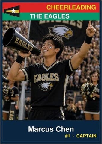 Cheerleading card in the Classic design — a color banner across the top, the photo below it, and the name and details on a dark footer bar