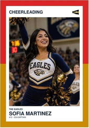Cheerleading card in the Split Halves design — a border split into two colors top and bottom, the photo centered between them, and the name and details on a white footer