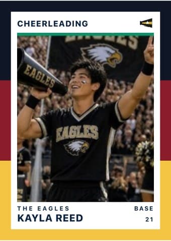 Cheerleading card in the Triple Split design — three stacked color bands down the left edge, the photo on a white field, and the name and details across the footer
