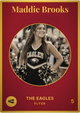 Cheerleading card in the Vintage Card design — an aged photo in a gold-ringed circular window on a deep crimson card, with the name in a serif face arched across the top