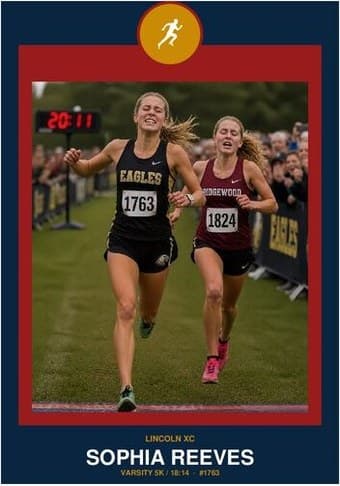 Cross Country card in the Circle Badge design — a round sport badge centered at the top, the photo in a bordered frame below, and the name and position centered underneath