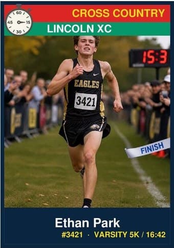 Cross Country card in the Classic design — a color banner across the top, the photo below it, and the name and details on a dark footer bar
