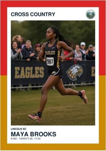 Cross Country card in the Split Halves design — a border split into two colors top and bottom, the photo centered between them, and the name and details on a white footer