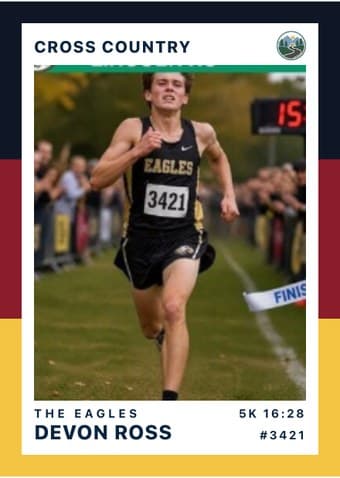 Cross Country card in the Triple Split design — three stacked color bands down the left edge, the photo on a white field, and the name and details across the footer